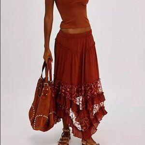 Free People Ashlyn Maxi Skirt Mid-Rise Tiered Ruffle Sheer Embroidered XS